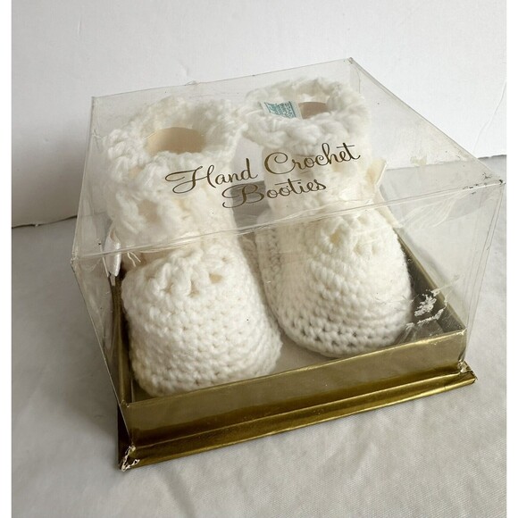 1960s Crocheted Knitted Baby Booties Shoes Infant White Bow Unisex NEW - Picture 4 of 9